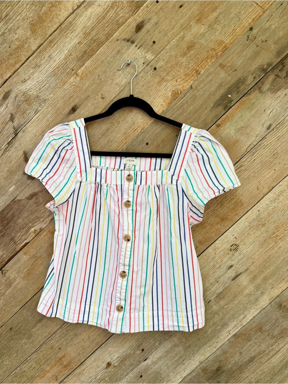 J. Crew White Multi-Stripe Square Neck Button Front Top. Size Small